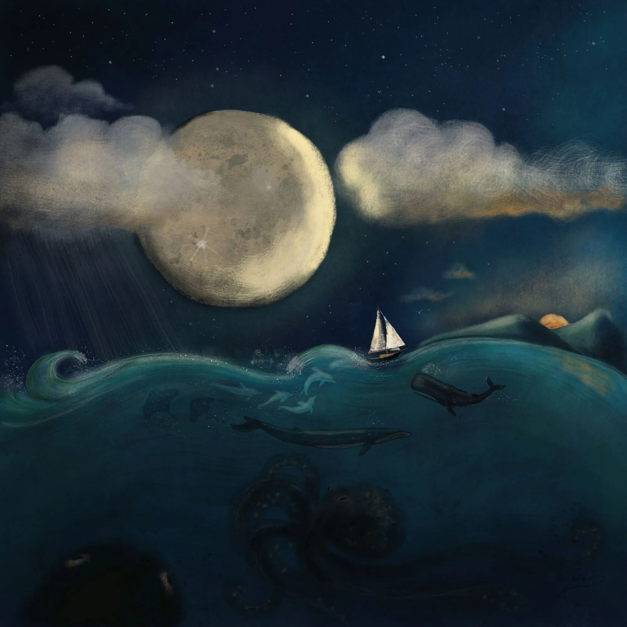 Painting of a full moon over a night sea, a small sailboat riding the waves above whales and deep-sea creatures